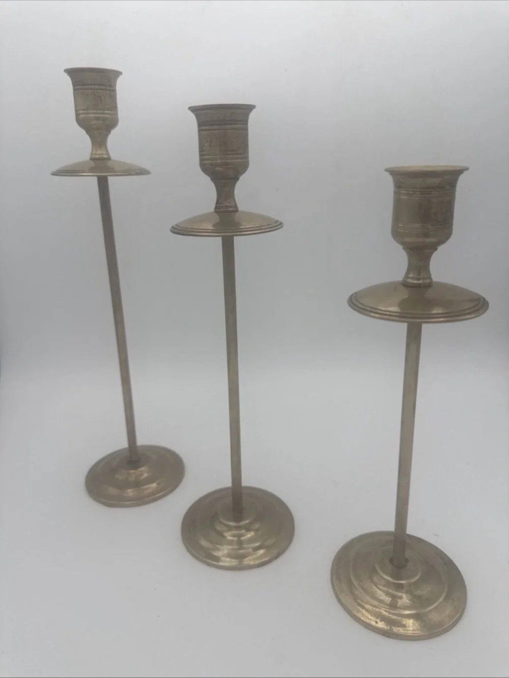 3 VTG Brass graduated MCM Taper Candle Holders Patina 10”, 9”, 8” minimalist